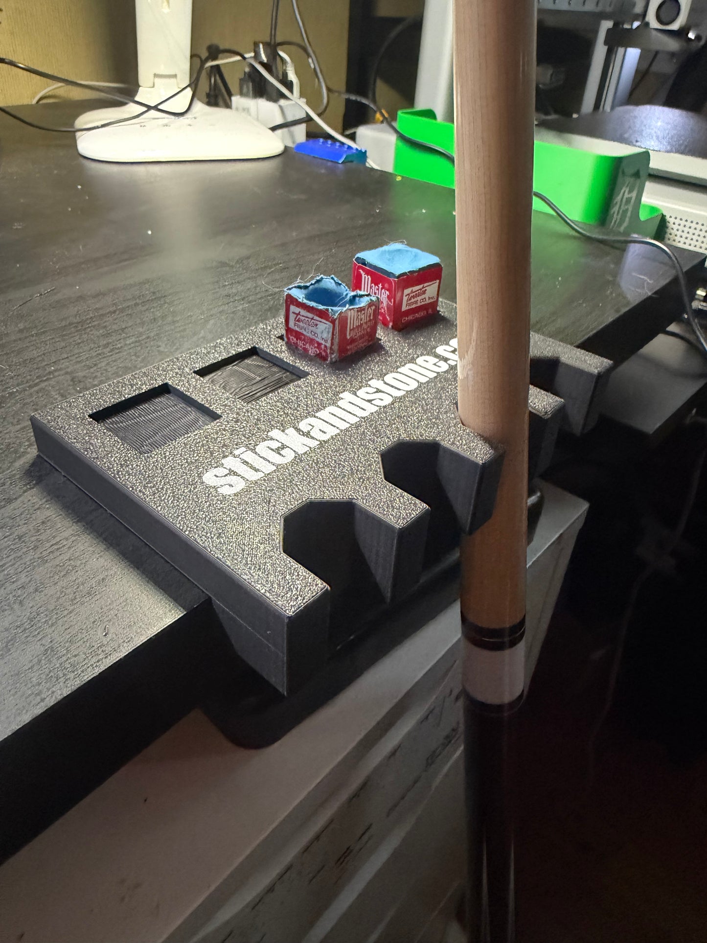 Custom Pool Cue Stick Holder: Table Edge Mount, 4 Cues & Chalks