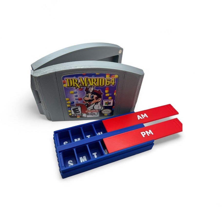 Dr. Maro 64 Pill Organizer – Retro Game Cartridge Medicine Box | Modular AM PM Weekly Storage | 3D Printed 6 4-Inspired Design