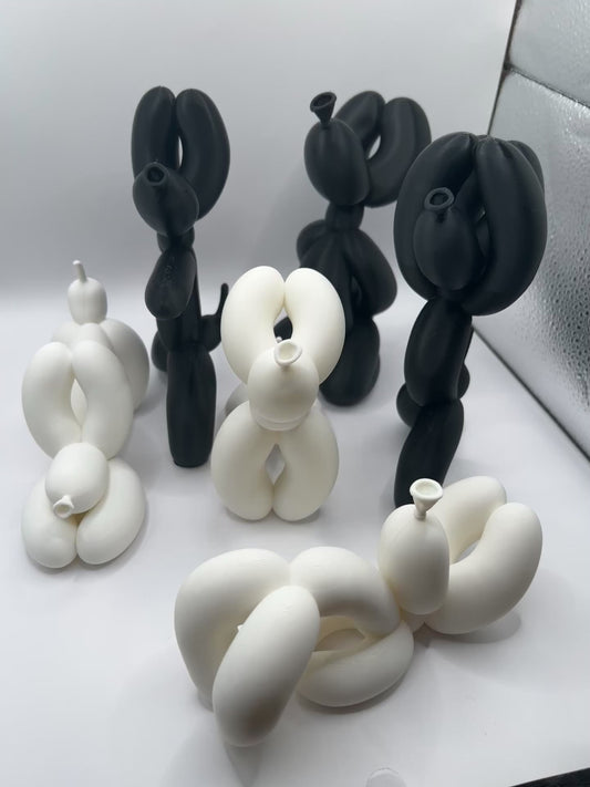 6pc Dog Balloon Yoga Statues – 6" Black & White Poses – Funny Zen Animal Decor for Desk or Shelf"